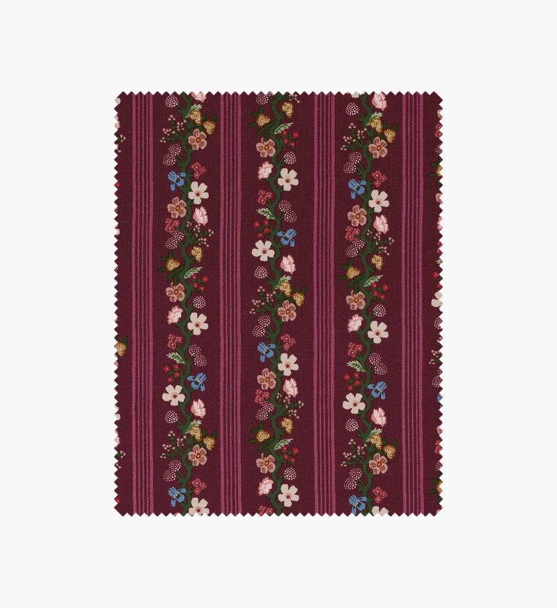 Tracy & Co Floral Trellis Stripe Cotton Fabric - Burgundy