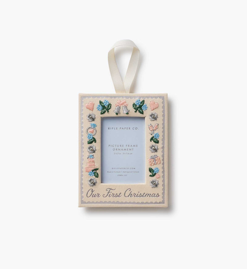 Tracy & Co Embroidered Frame Ornament - Our First Christmas
