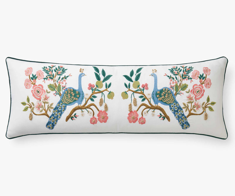 Tracy & Co Embroidered Lumbar Pillow Cover - Peacock White