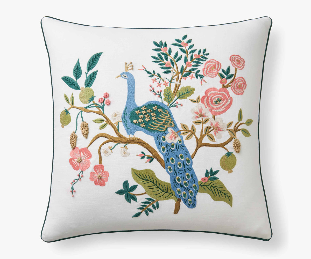 Tracy & Co Embroidered Pillow Cover - Peacock White