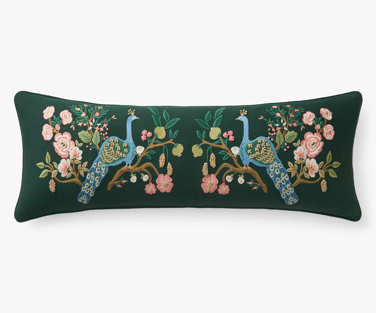 Tracy & Co Embroidered Lumbar Pillow Cover - Peacock Emerald