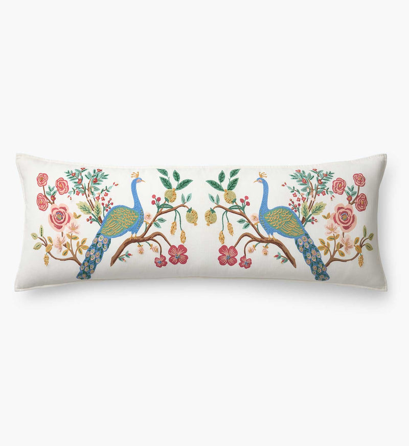 Tracy & Co Embroidered Lumbar Pillow Cover - Peacock Ivory