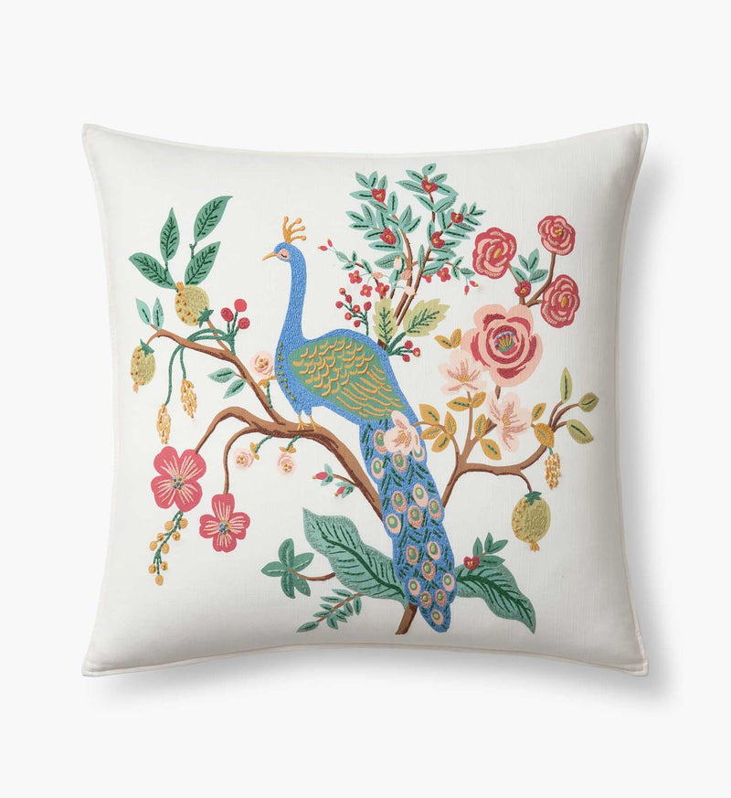 Tracy & Co Embroidered Pillow Cover - Peacock Ivory