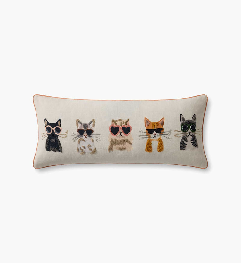 Tracy & Co Cool Cats Embroidered Lumbar Pillow - White