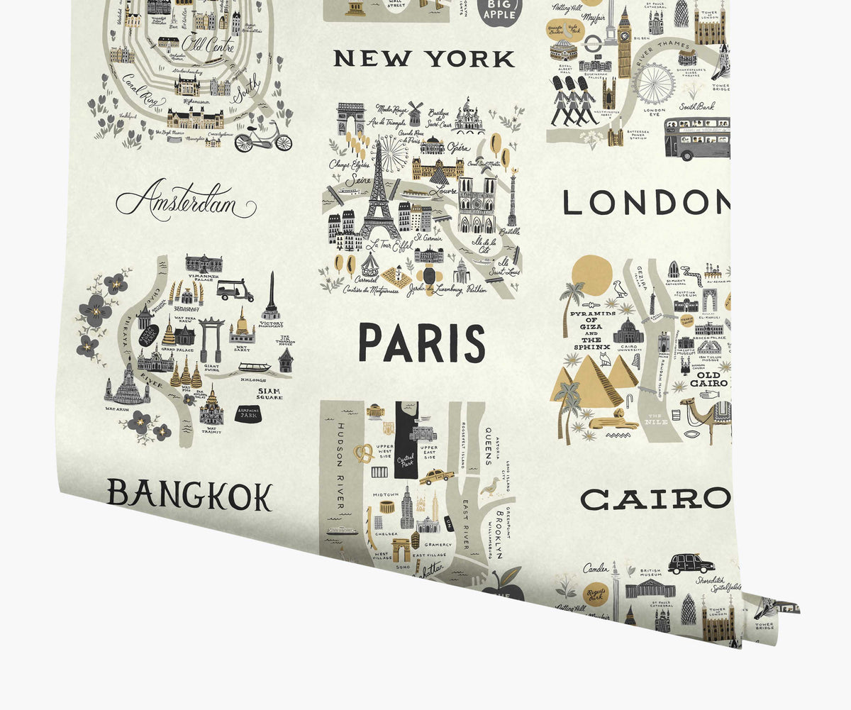 Tracy & Co City Maps Wallpaper - Grey & Gold
