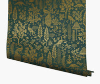 Tracy & Co Menagerie Toile Wallpaper - Emerald & Metallic Gold